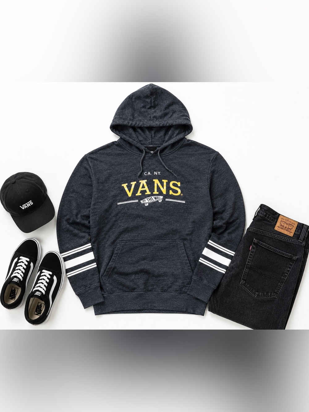 Vans Navy Hoodie with Yellow Logo and White Sleeve Stripes